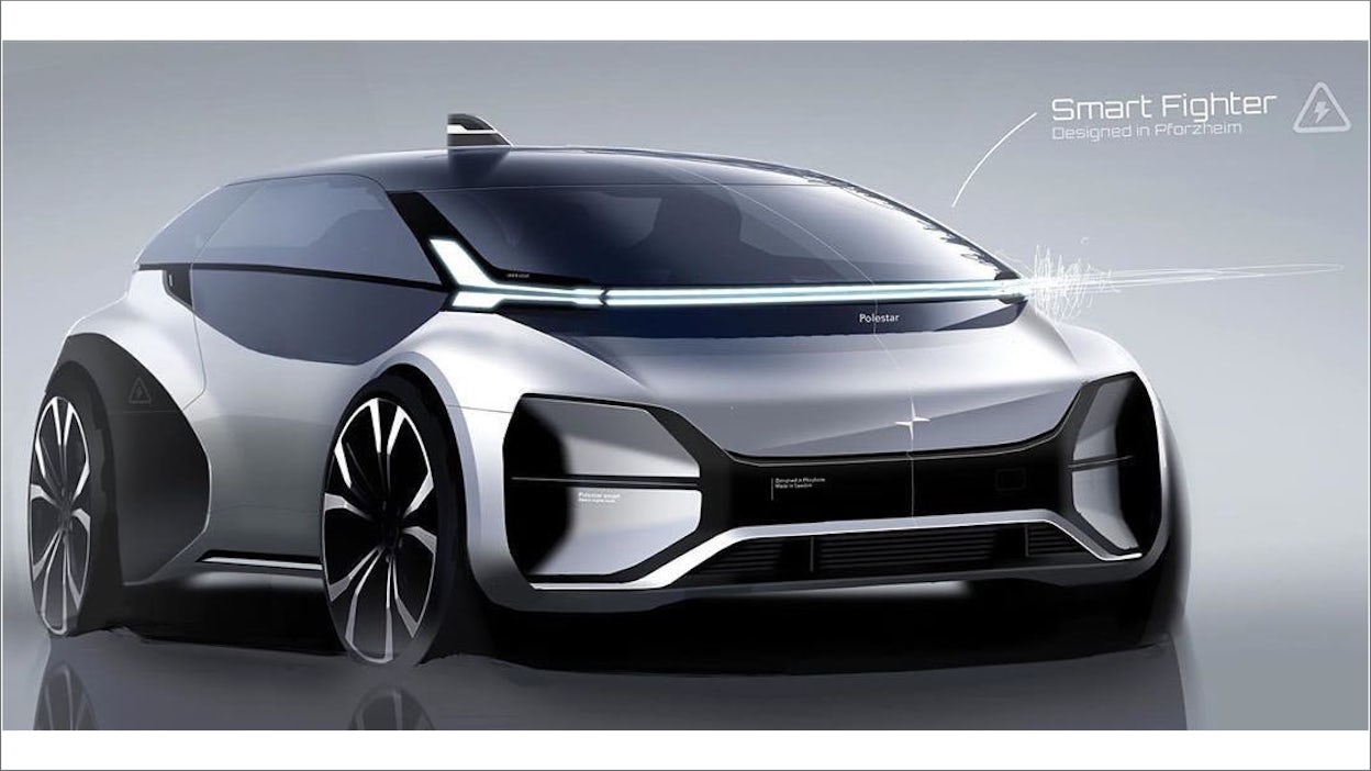 Polestar concept art showing a futuristic car and the text Smart Fighter Designed in Pforzheim.