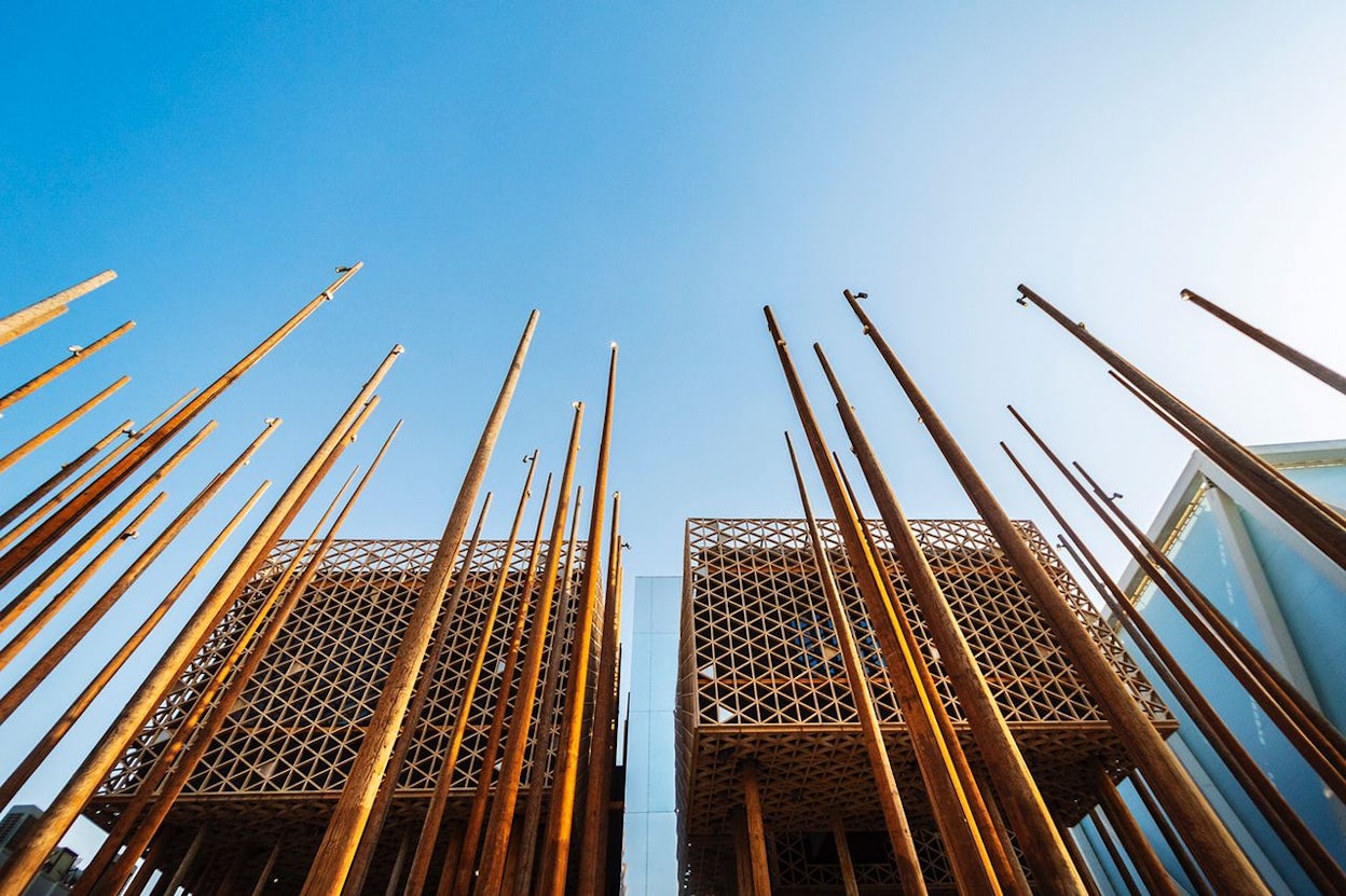 Modern building with sleek lines and futuristic design at Expo 2020 Dubai.