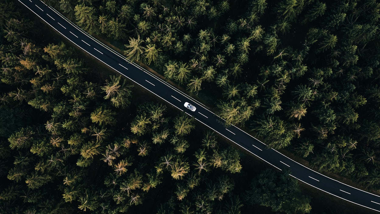 Aerial view of a white Polestar 2 on the road amidst a pine forest.