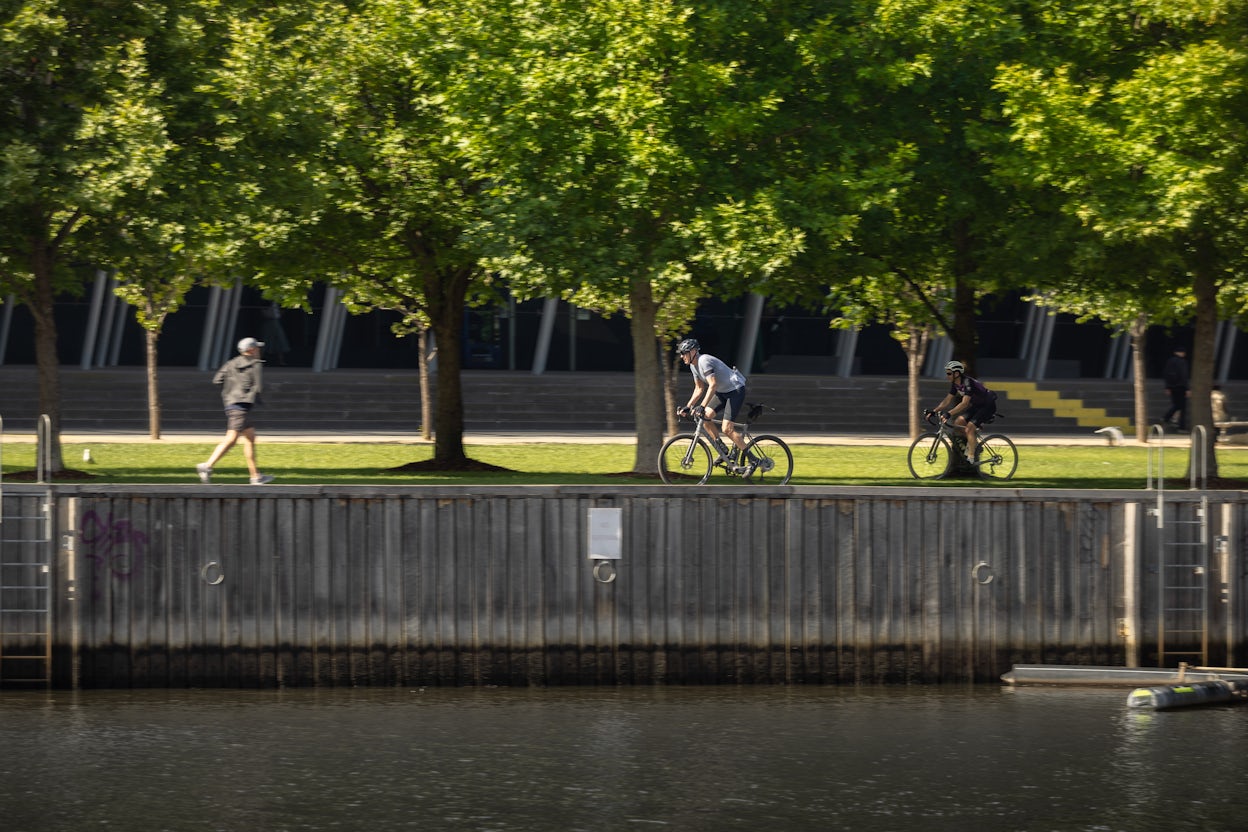 Two bikists and one runner making their way underneath trees in a park.