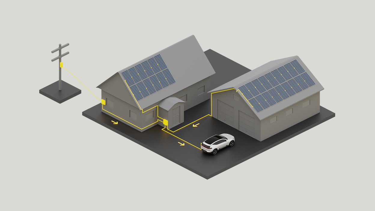 Graphic of Polestar 2 being used to charge homes and electricity grid