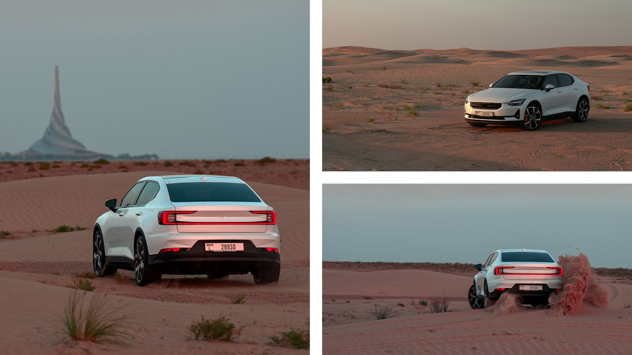 Three images of the Polestar 2 drifting in the desert.