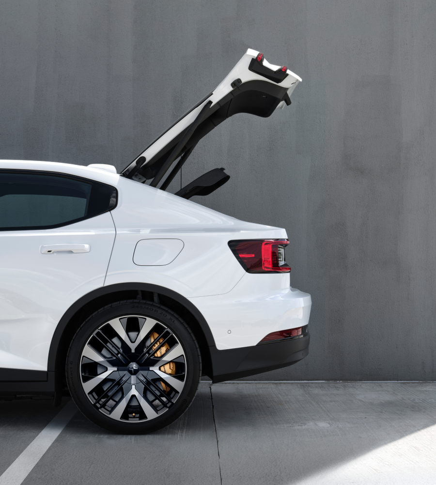 Polestar 2 side view with the rear storage open