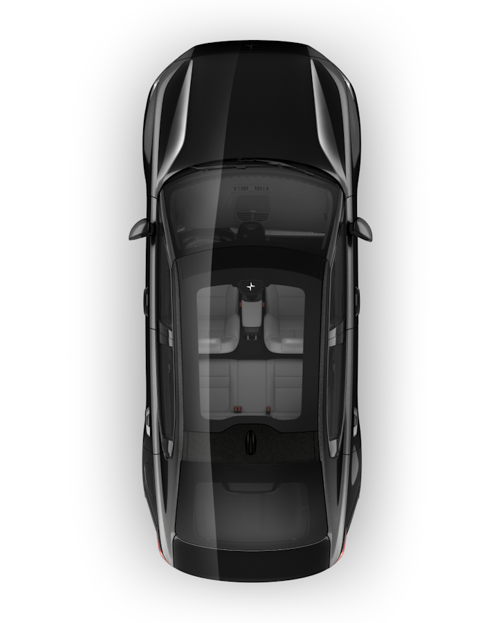 Birds eye view of a black Polestar 2 with panoramic glass roof.
