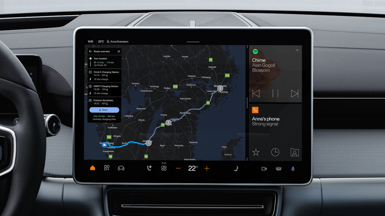 Center console screen showing a trip on the map.