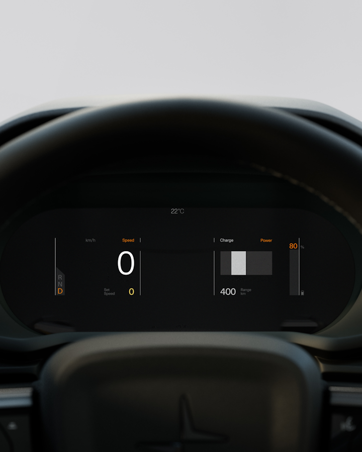 Driver display showing the calm mode of the Polestar 2