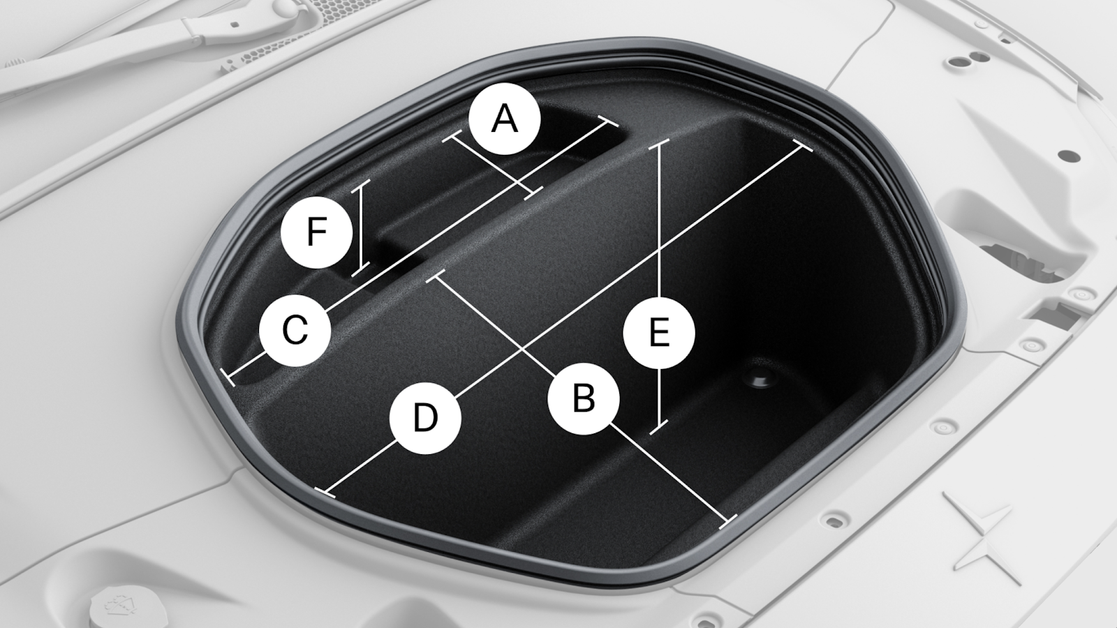 Image of the storage dimensions of the frunk / front trunk