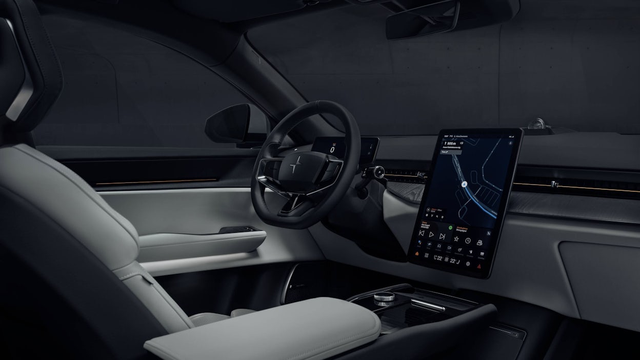 Polestar 3 interior showing display and steering wheel