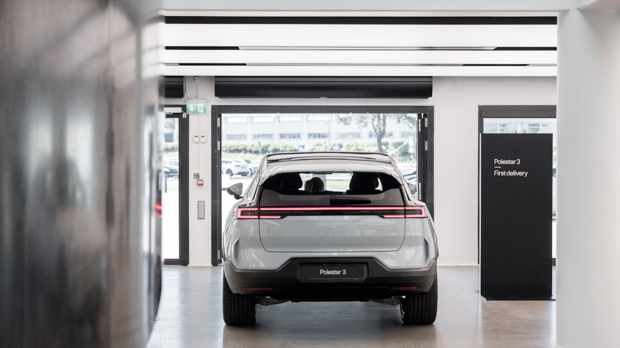 Rear view of a Polestar 3 parked inside Polestar HQ