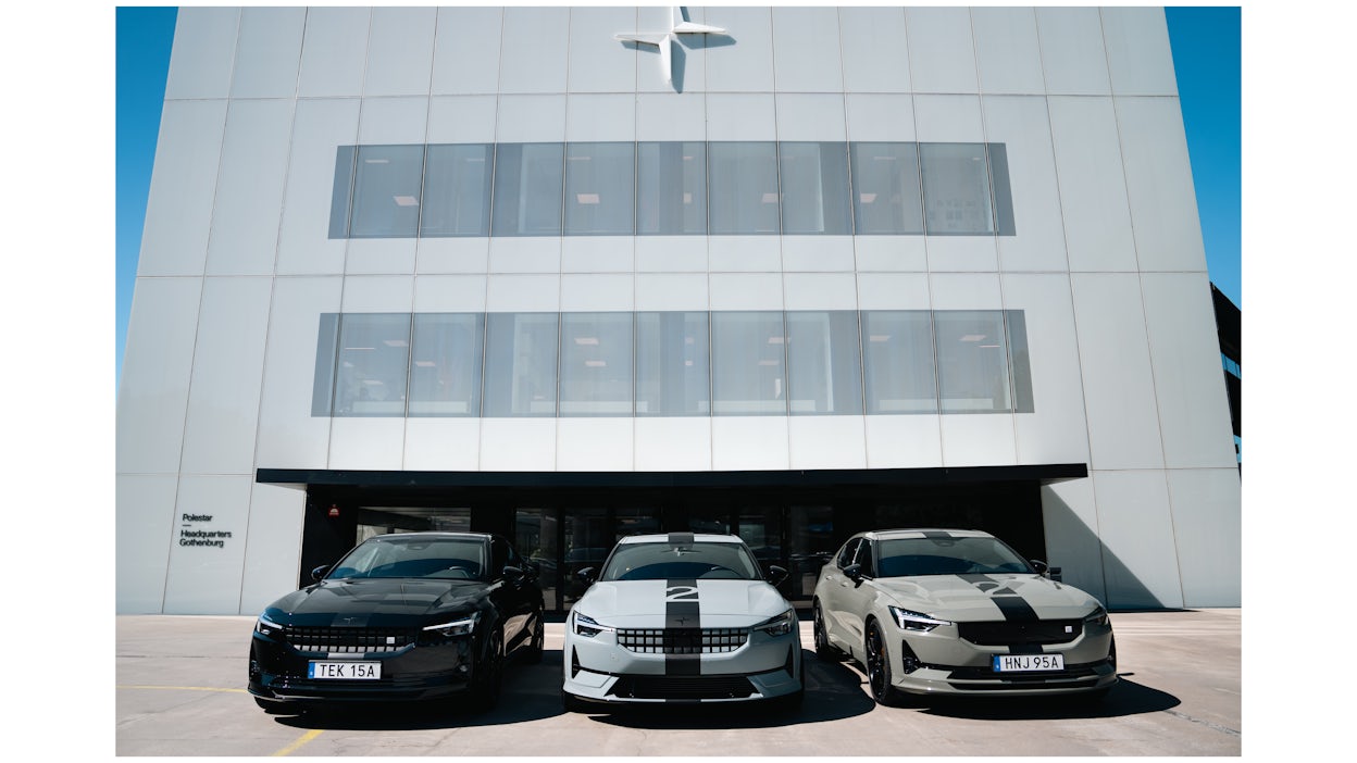 Three different versions of Polestar 2 BST in front of Polestar HQ in Gothenburg.