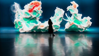 Silhouette of lady standing in front of colourful digital art exhibition