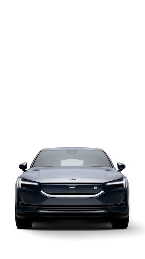 Front view of dark blue Polestar 2 against white backdrop