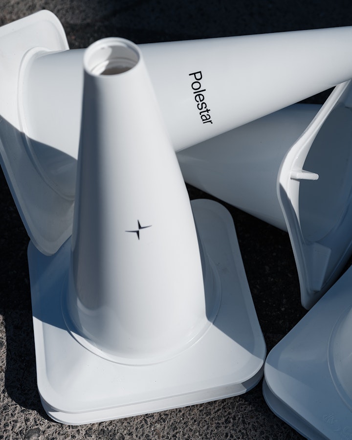 White Polestar branded traffic cones