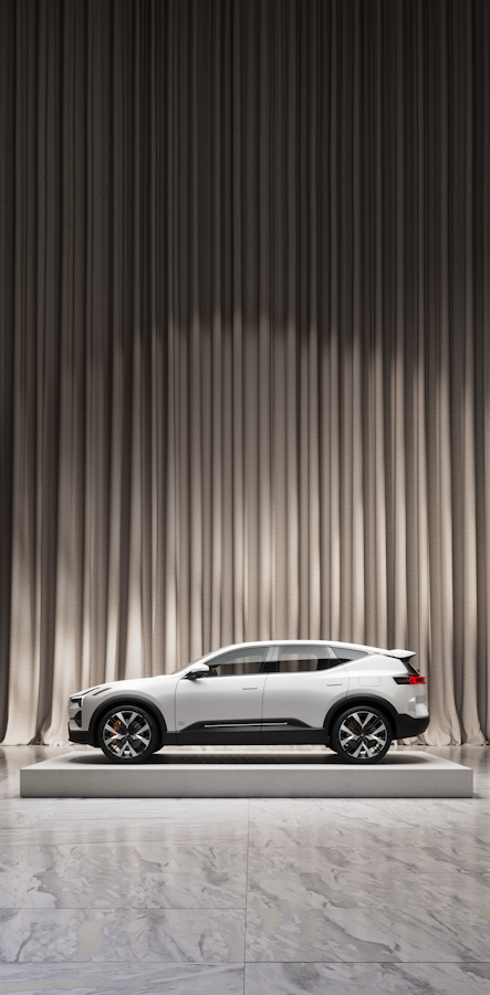 Sepia toned image of white Polestar 3 on a podium curtains draped in the background