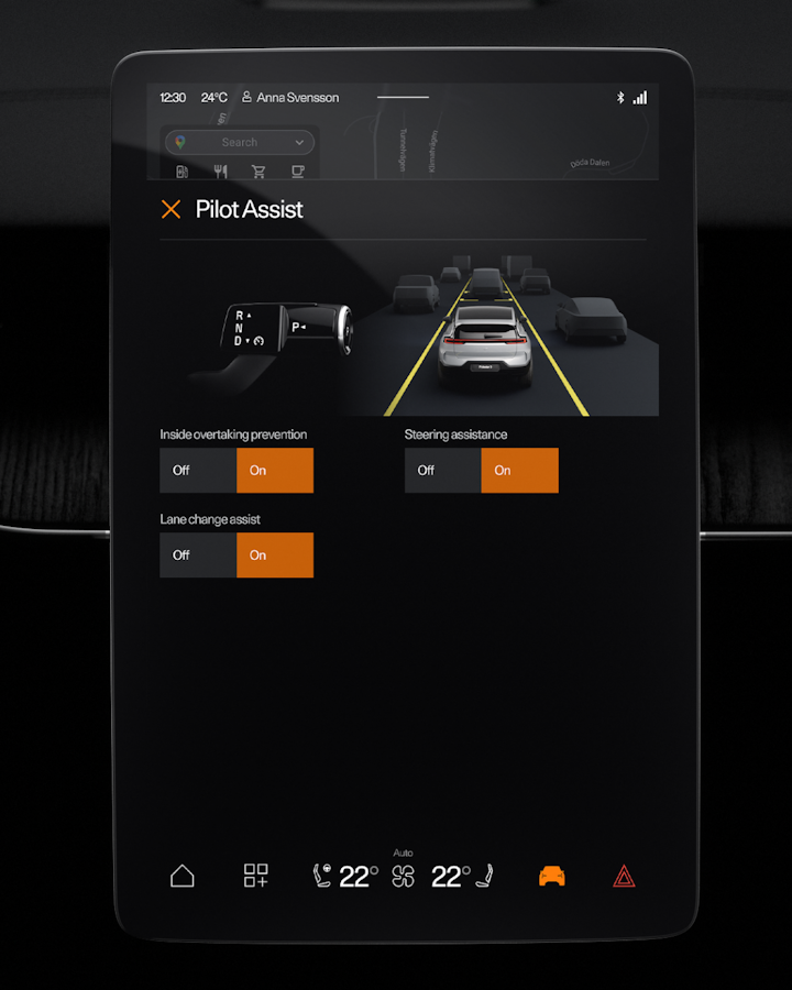 The Assist screen allows the driver to control advanced features such as Pilot Assist. 