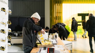 A racing helmet getting finishing touches